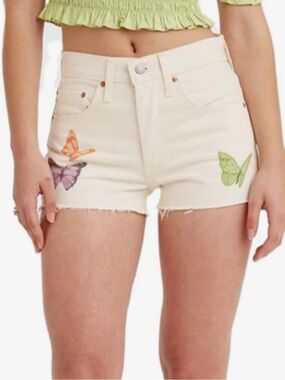 Levis 501 x Ganni Raw Hem High Rise Cream Butterfly Denim Shorts 29/3 NWOT